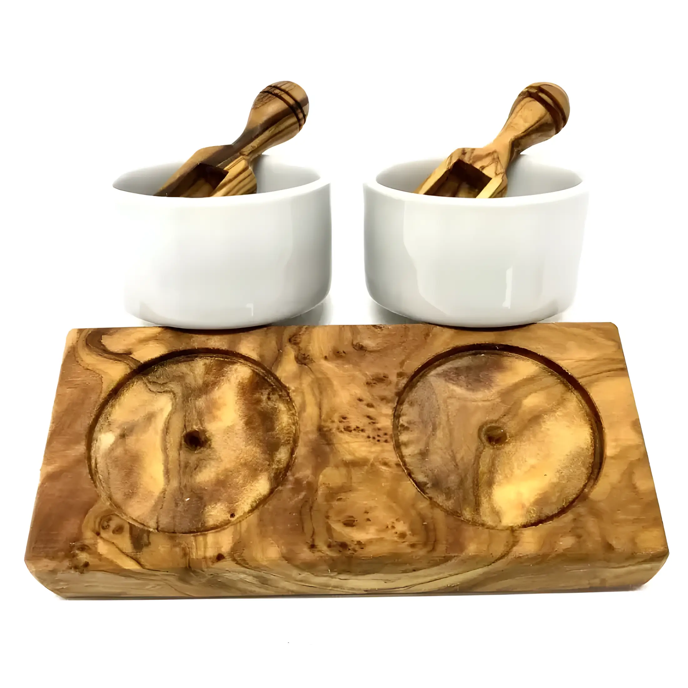 Dipschalen-Set aus Porzellan und Olivenholz mit eingefrästen Schalenvertiefungen – 2er Set Beatrice