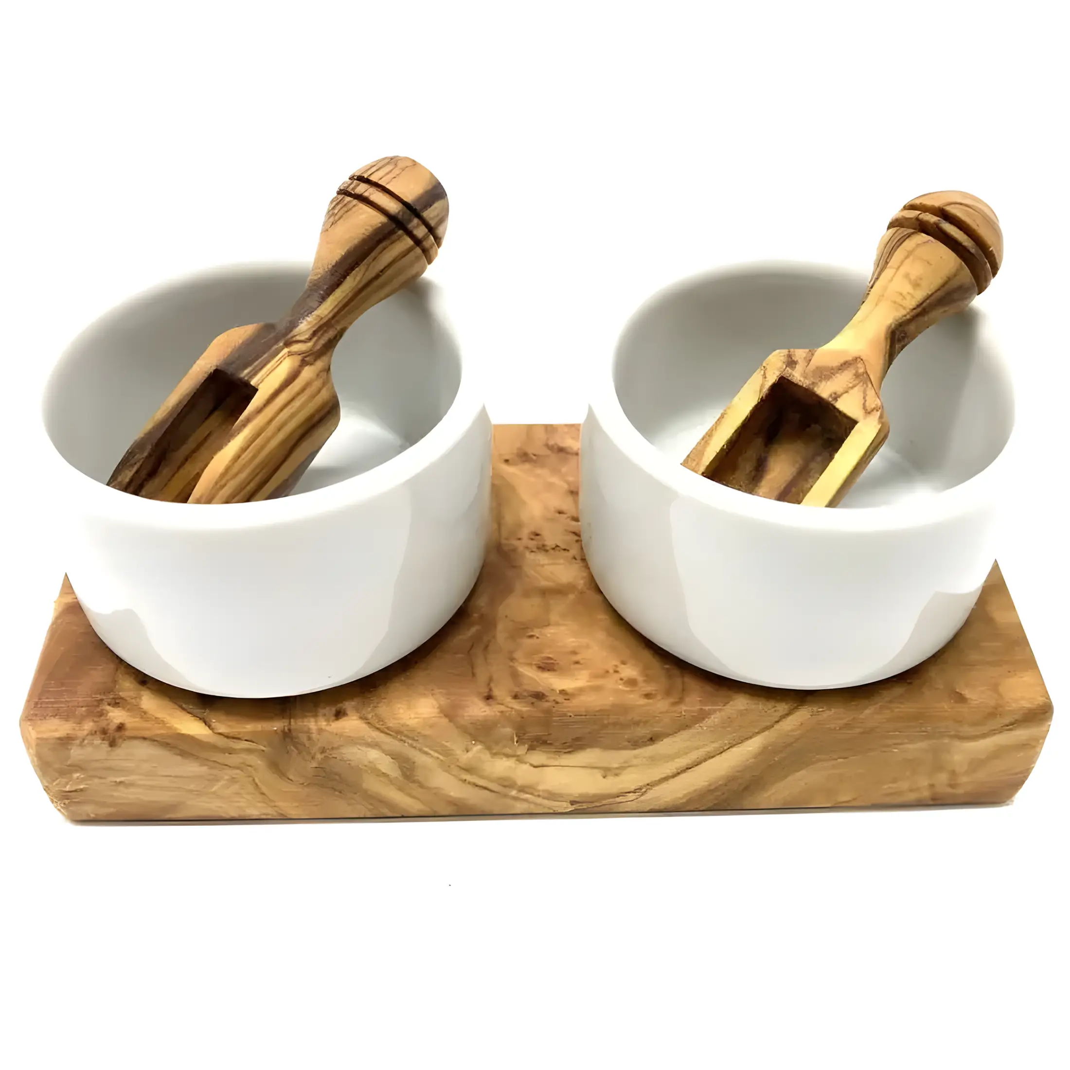 Dipschalen aus Porzellan auf Olivenholzsockel mit Olivenholzschippchen – 2er Set Beatrice