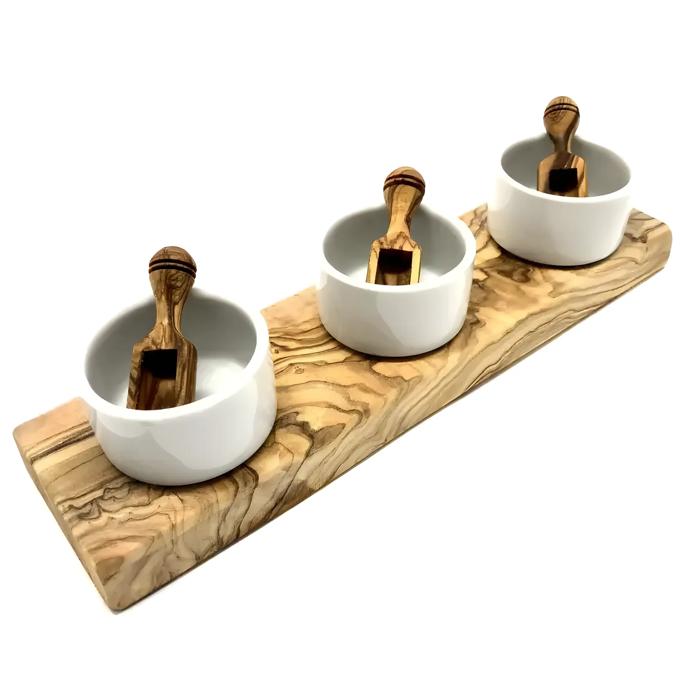 3 Dipschalen aus Porzellan auf Olivenholzsockel mit Olivenholzschippchen – 3er Set Beatrice