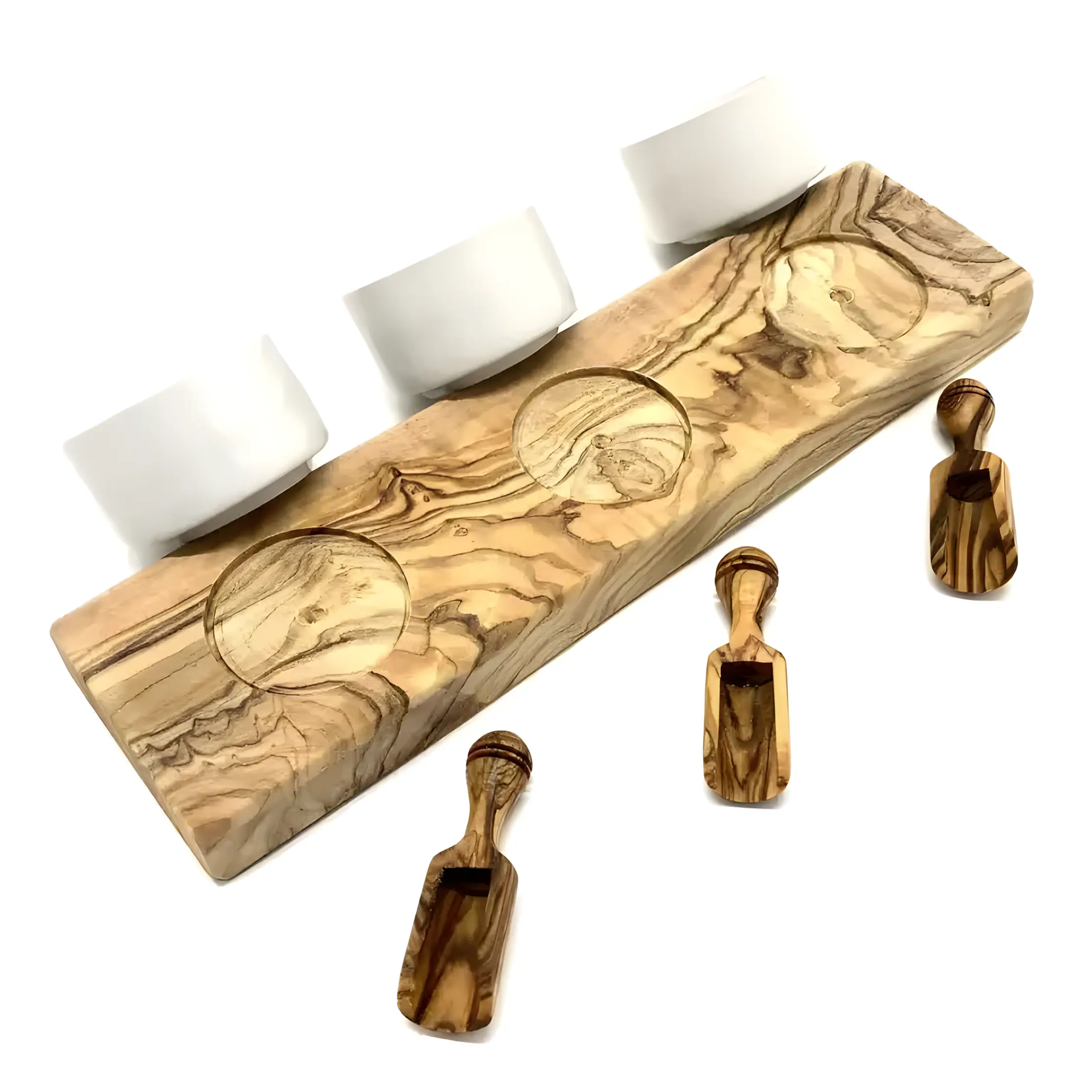 Dipschalen-Set mit Porzellanschalen, Olivenholzsockel und Schippchen – 3er Set Beatrice