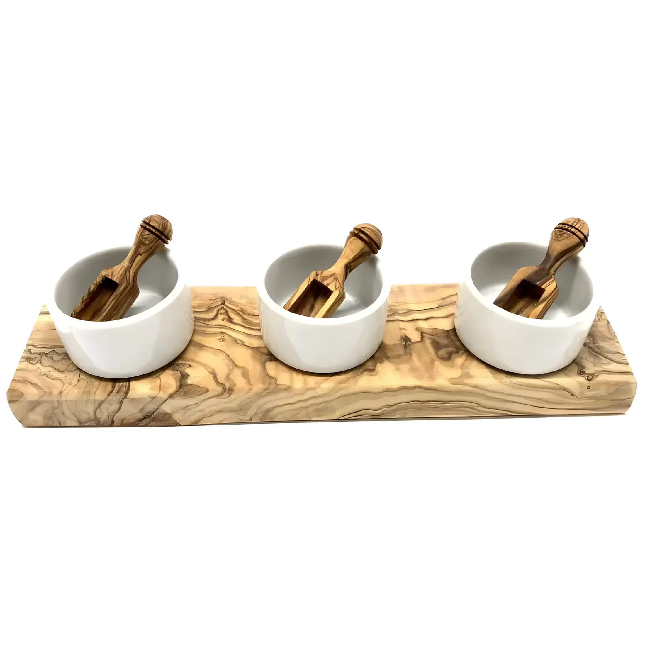 Dipschalen aus Porzellan auf Olivenholzsockel mit drei Olivenholzschippchen – 3er Set Beatrice