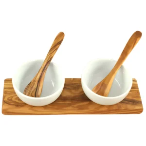 Dipschalen Set Emma mit Servierbrett aus Olivenholz, zwei Porzellanschalen und zwei Olivenholzlöffeln