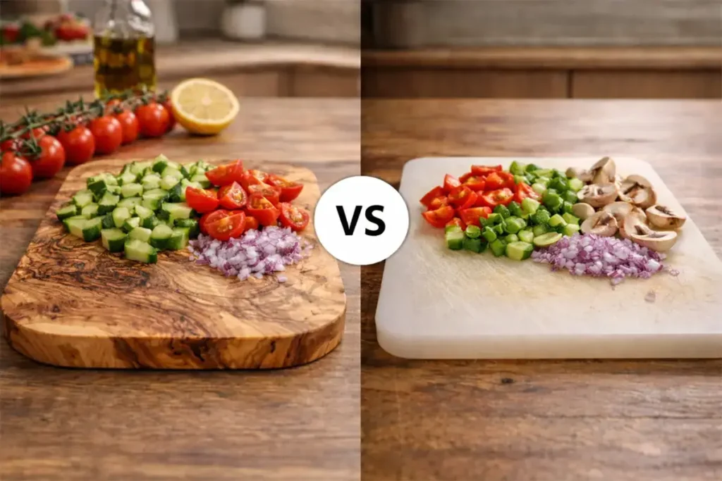 Vergleich zwischen Olivenholz und Kunststoff Schneidebrett mit unterschiedlichen Gemüsesorten