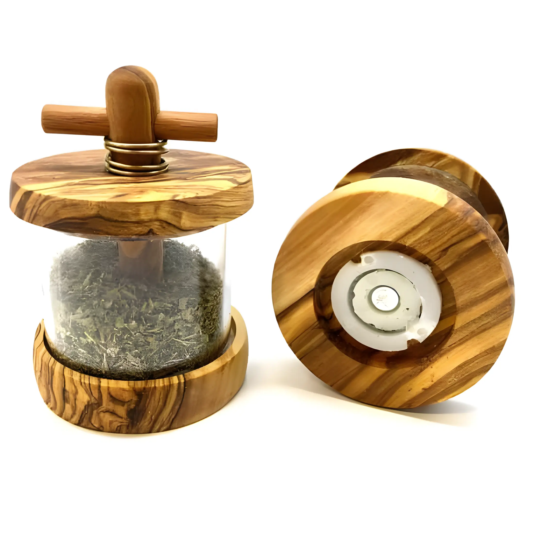 Gewürzmühle Zita aus Olivenholz mit Detailansicht des hochwertigen Keramikmahlwerks