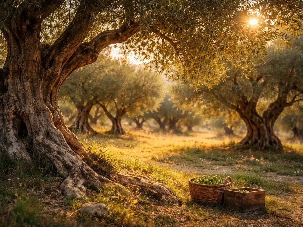 Alter Olivenbaum in mediterraner Landschaft mit warmem Sonnenlicht