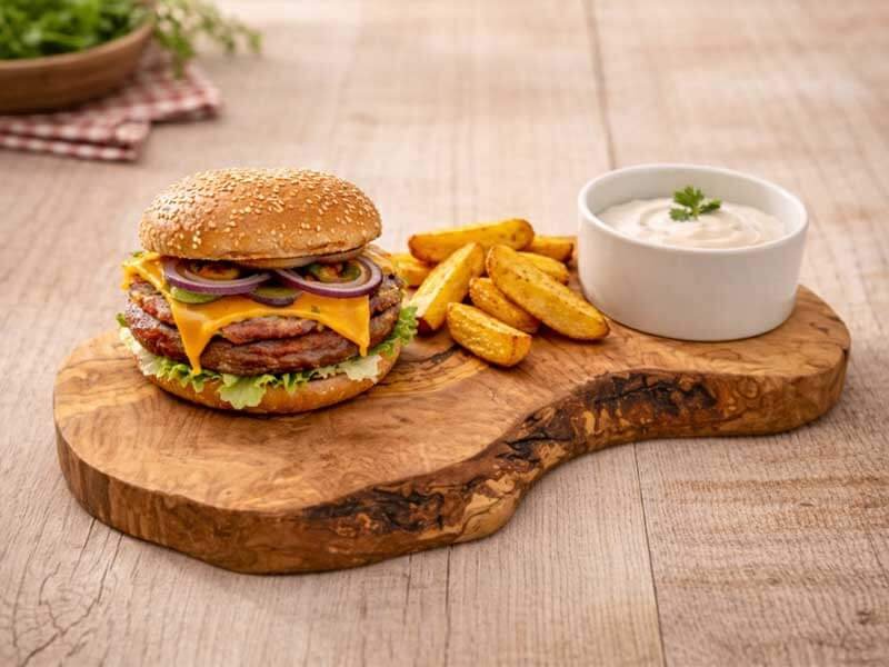 Olivenholz Burgerbrett mit Dipschale, serviert mit Burger, Pommes und Dip