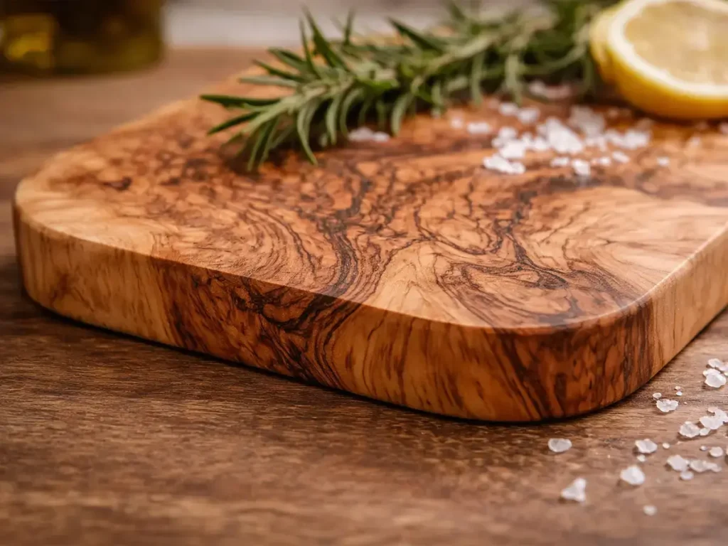 Detailaufnahme der Maserung eines Olivenholz Schneidebretts in warmer Beleuchtung