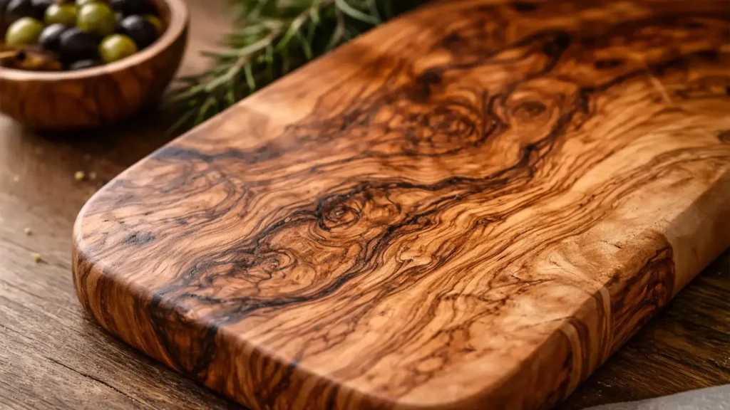 Detailaufnahme der Maserung eines Olivenholz Schneidebretts mit natürlicher Holzstruktur