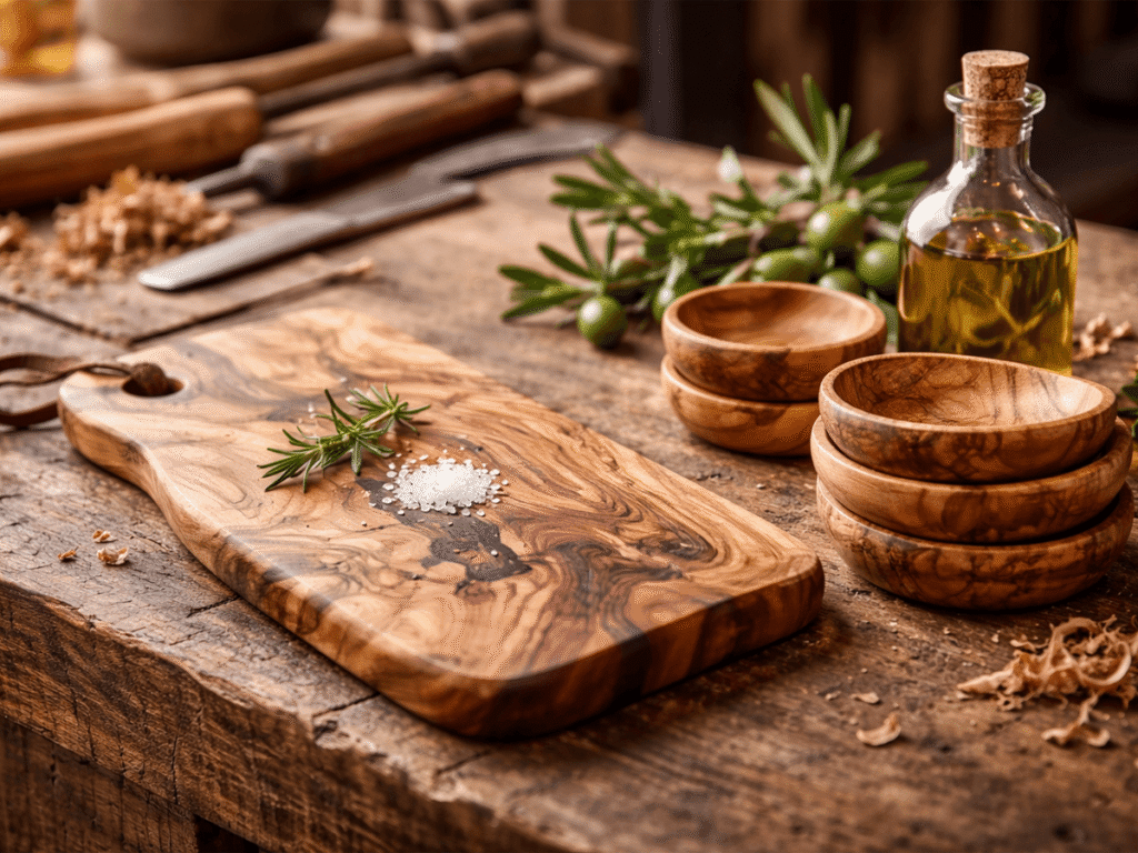 Handgefertigte Olivenholz Produkte mit einzigartiger Maserung – Schneidebrett und Schalen aus hochwertigem Olivenholz