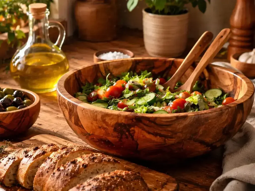 Olivenholz Schale mit frischem Salat in einer warmen, natürlichen Küche