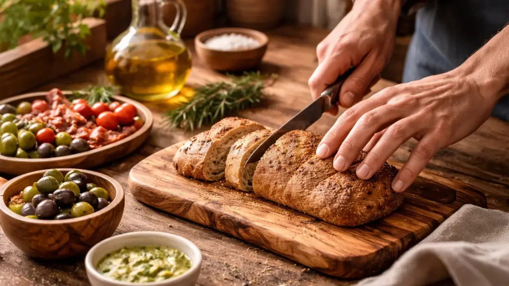 Brot wird auf einem Olivenholz Schneidebrett in einer warmen Küche geschnitten