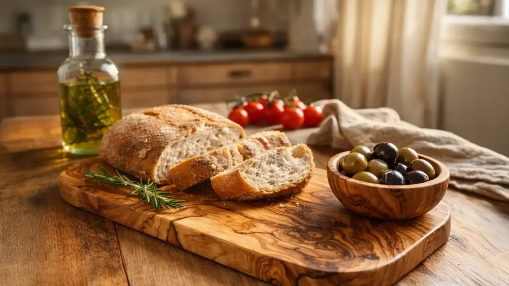 Olivenholz Schneidebrett mit Brot und Oliven in einer warmen, natürlichen Küche