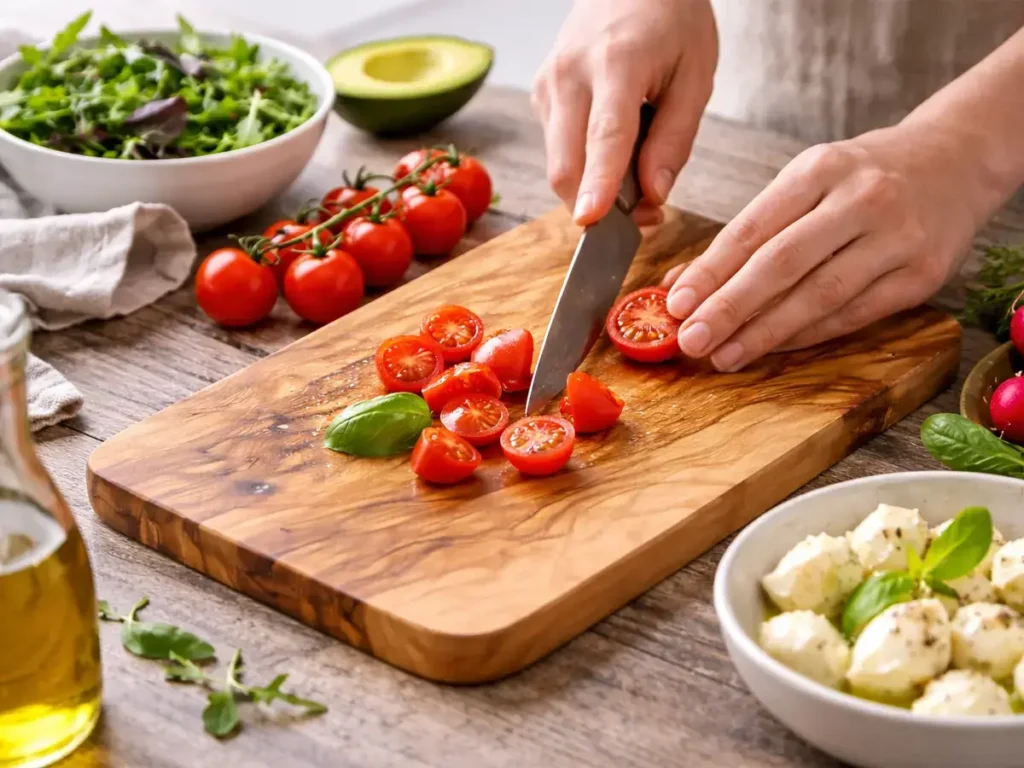 Gemüse wird auf einem Olivenholz Schneidebrett in einer rustikalen Küche geschnitten
