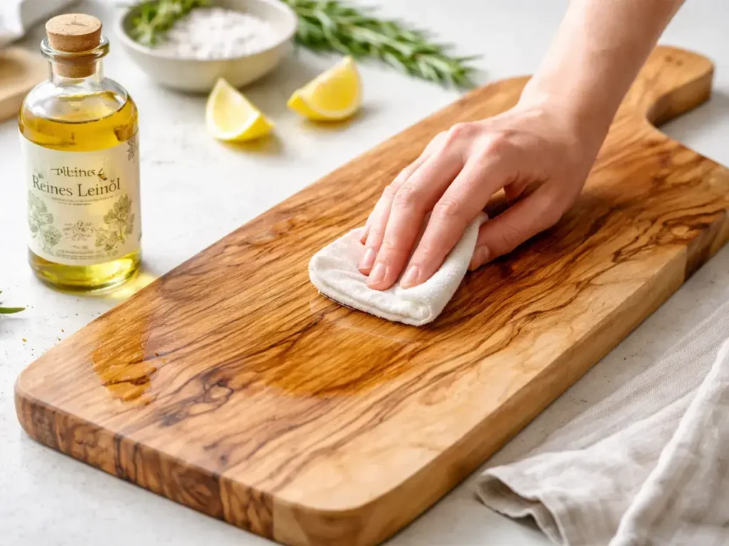 Olivenholz Schneidebrett wird mit Öl gepflegt und mit einem Tuch eingerieben