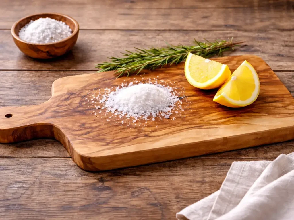 Olivenholz Schneidebrett wird mit Zitrone und grobem Salz gereinigt