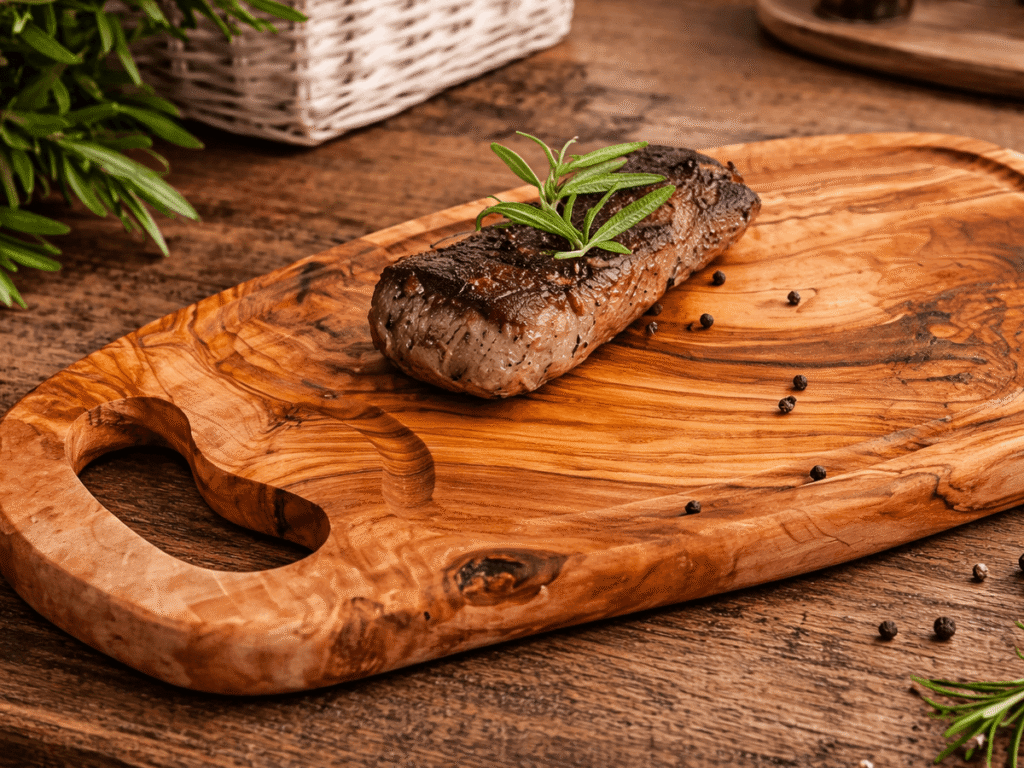 Handgefertigtes Olivenholz Schneidebrett Giuseppe mit Steak – einzigartiges Servierbrett mit natürlicher Maserung